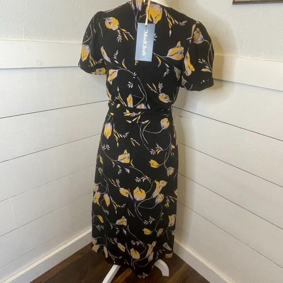 Modcloth Yellow Purple Black Floral Faux Wrap A Line Midi Dress Women's Size XXS - Picture 4 of 11